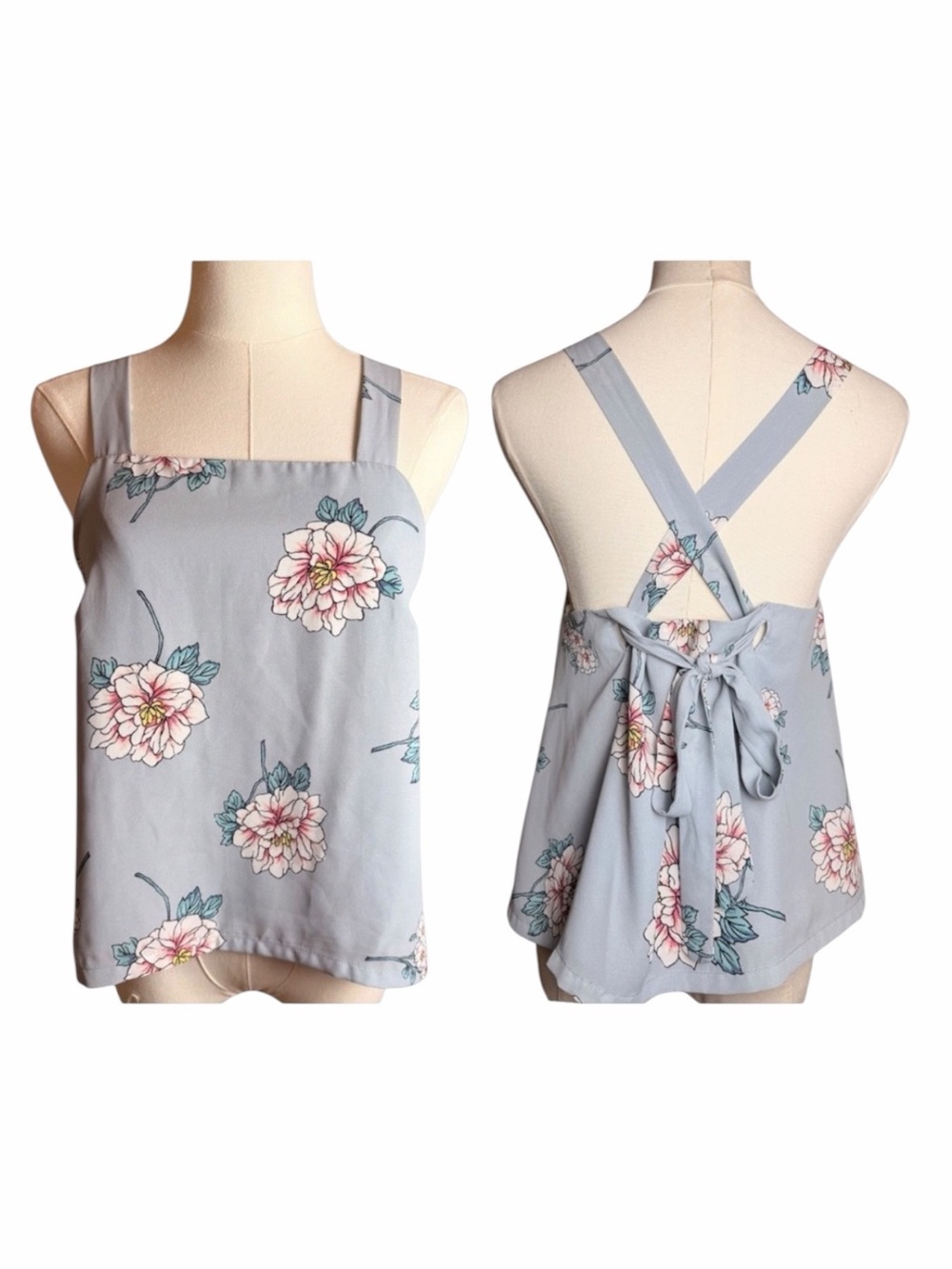 JOA Floral Tie Back Tank Top Gray Pink Square Neck Cami NWT Medium
